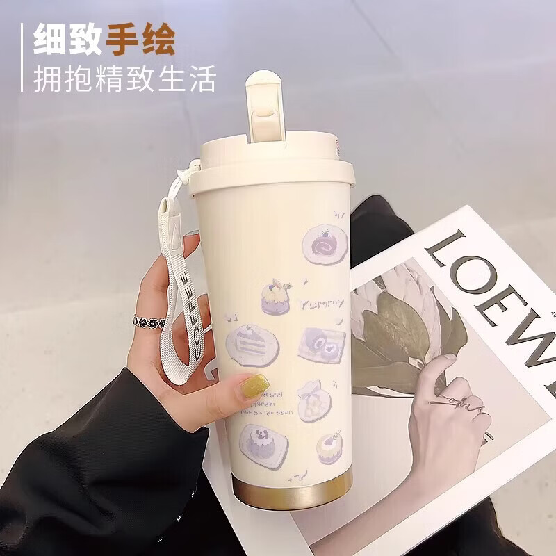京川旭可爱猫咪保温水杯女生高颜值2025新款双饮咖啡杯不锈钢学生吸管QC 线条猫咪+挂绳