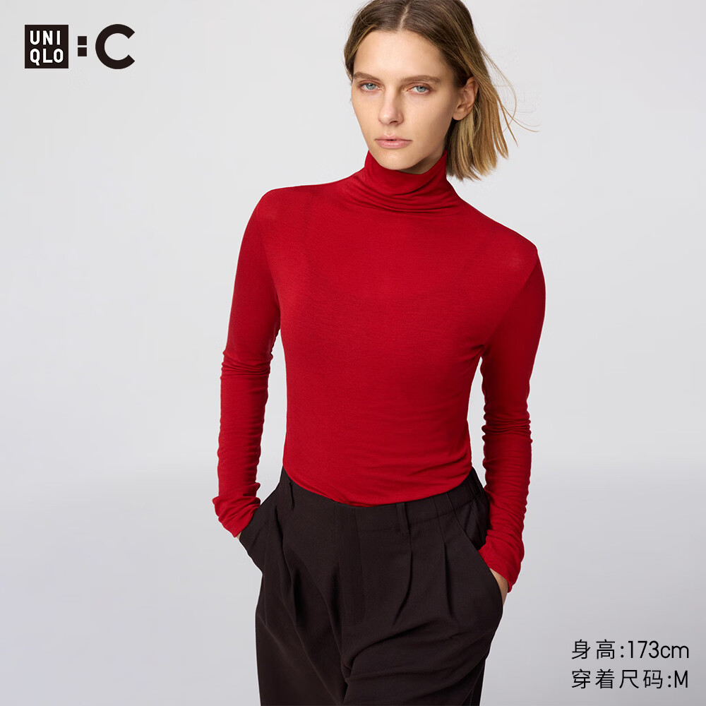 优衣库HEATTECH EXTRA WARM混纺高领T恤/长袖女装9%羊绒478954 14 玛瑙红色 M