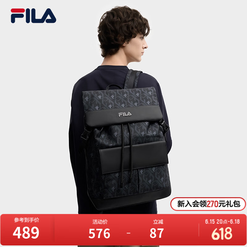 FILA 黑武士|斐乐官方男士背包时尚休闲翻盖双肩包书包电脑包 满印一-ZA XS