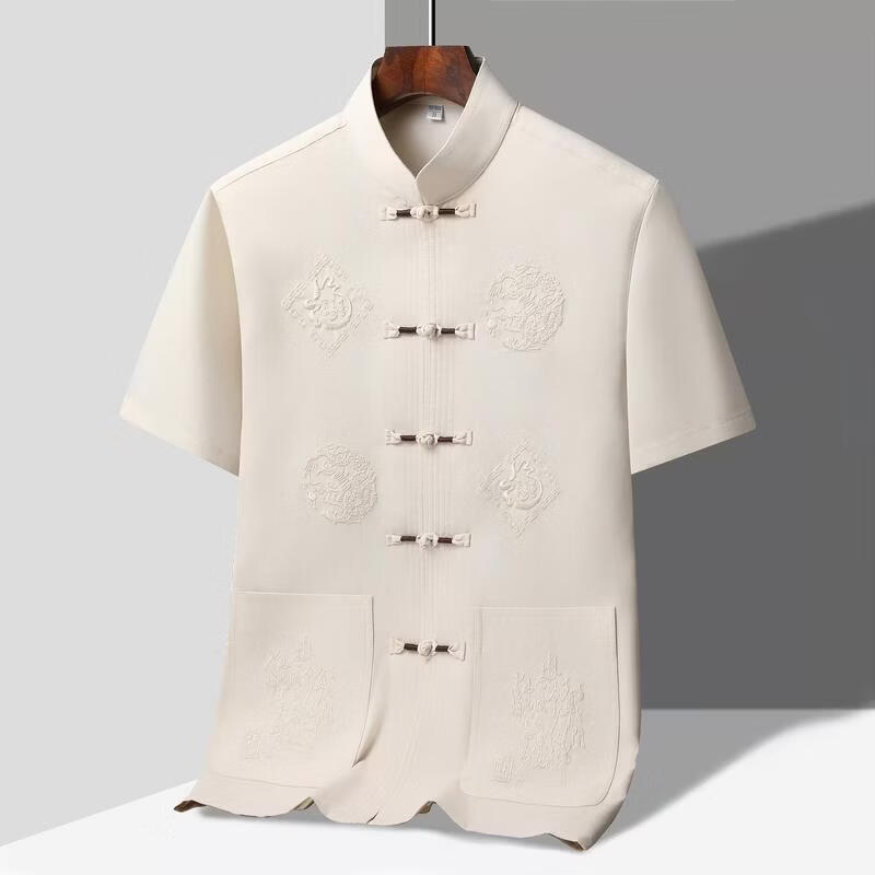 唐装男中老年人短袖套装夏季爸爸装中国风男士老年人爷爷装汉服 卡其色 福龙短袖套装 均码 44 建议185-200斤