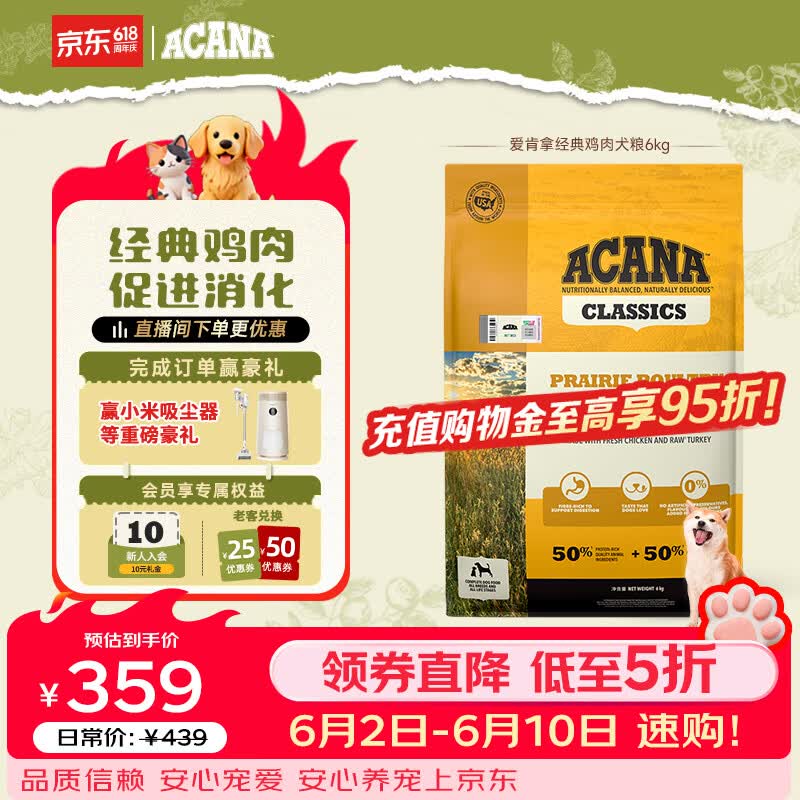 愛肯拿（ACANA）狗粮 全价通用 成犬幼犬经典鸡肉草原天然犬粮6kg 最近效期26/12