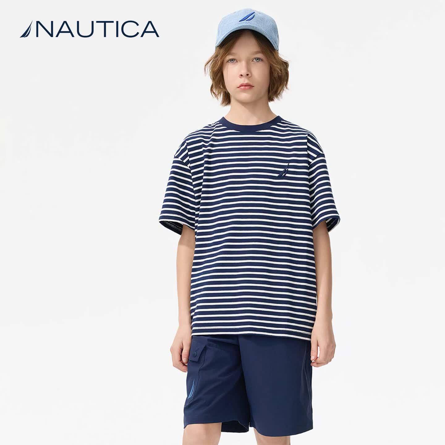 NAUTICA【防晒速干】童装男童短袖上衣儿童t恤女童夏装上衣运动衣服 诺帝卡蓝条 170