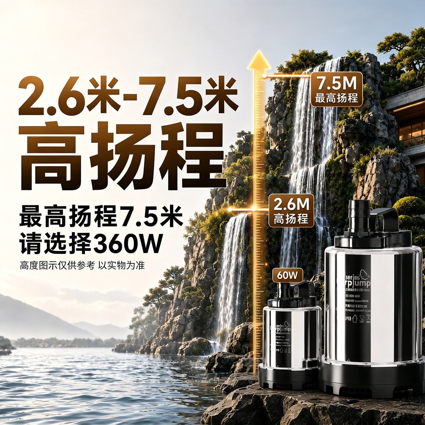 老漁匠鱼池抽水过滤不锈钢大流量户外假山流水喷泉潜水泵循环水泵 【新升级】60瓦丨流量3000L/H丨2.6米高扬程