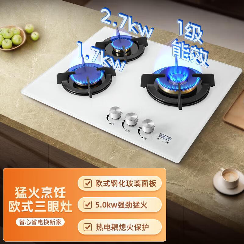 TOOYOPIN欧式三眼燃气灶定时煤气灶天然气灶液化气炉钢化玻璃灶具灶台式嵌入式家用5.0KW大火力 白色液化气款 20Y