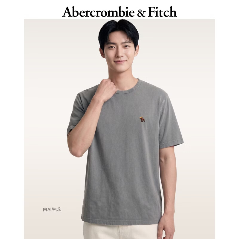Abercrombie &amp; Fitch经典小麋鹿图案美式情侣纯棉水洗T恤26夏男装女装124-6075 深灰色 M (180/100A)