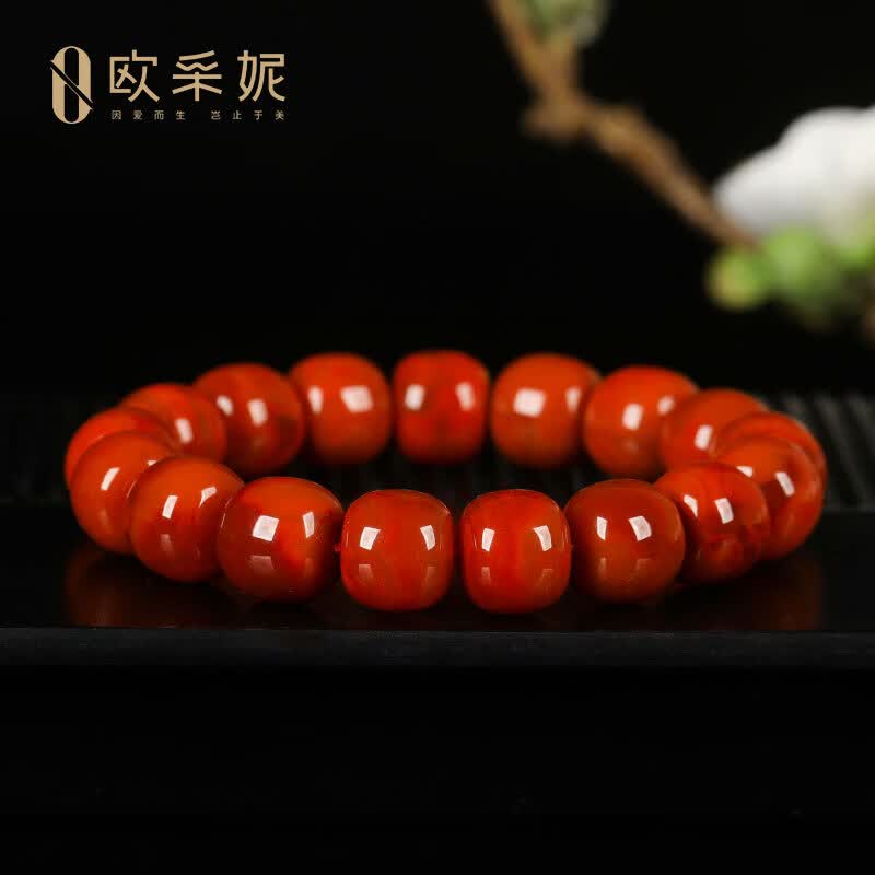 欧采妮(OUCERNY)南红手串收藏级天然凉山妖花牛血红火焰纹玛瑙大桶珠手链本命年 天然南红 一物一证