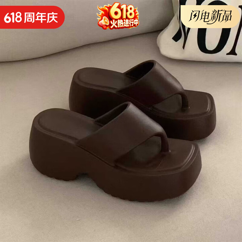 细细条（XIXITIAO）防滑户外舒适时尚厚底海边方头人字拖女沙滩增高8cm夹脚凉拖鞋夏 黑色【方头厚底】 35-36 【适合36-37的脚】