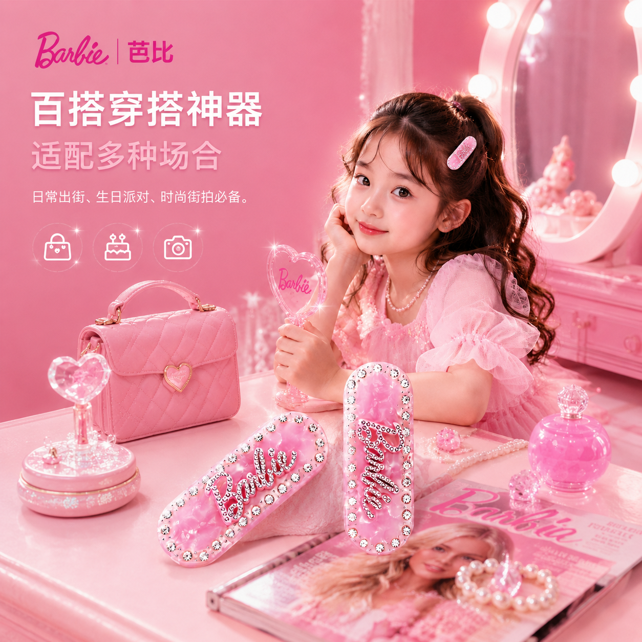 芭比(Barbie)BARBIE芭比官方正品发夹发饰女高级新款发夹侧边夹子头饰儿童发饰 Barbie芭比甜心【闪耀粉】发夹一个装