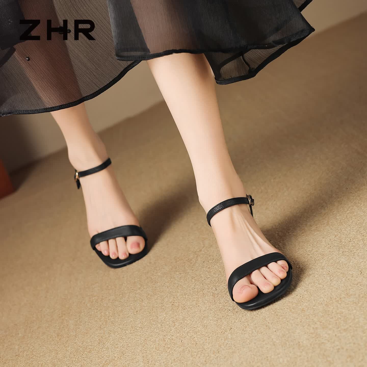 ZHR则则羊皮凉鞋女新款夏外穿法式鞋子女一字带粗跟露趾女鞋 EH363黑色36