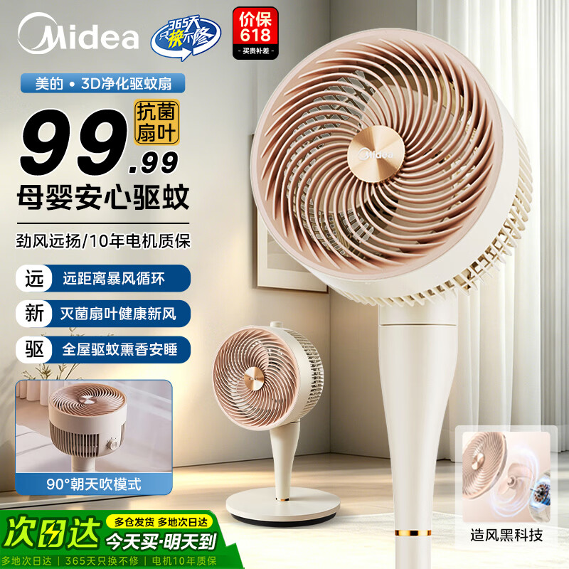 美的（Midea）空气循环扇电风扇 卧室客厅家用节能省电轻音低噪大风量循环对流通风空调伴侣台立两用摇头落地扇 【劲风循环 | 抗菌扇叶】粉色款