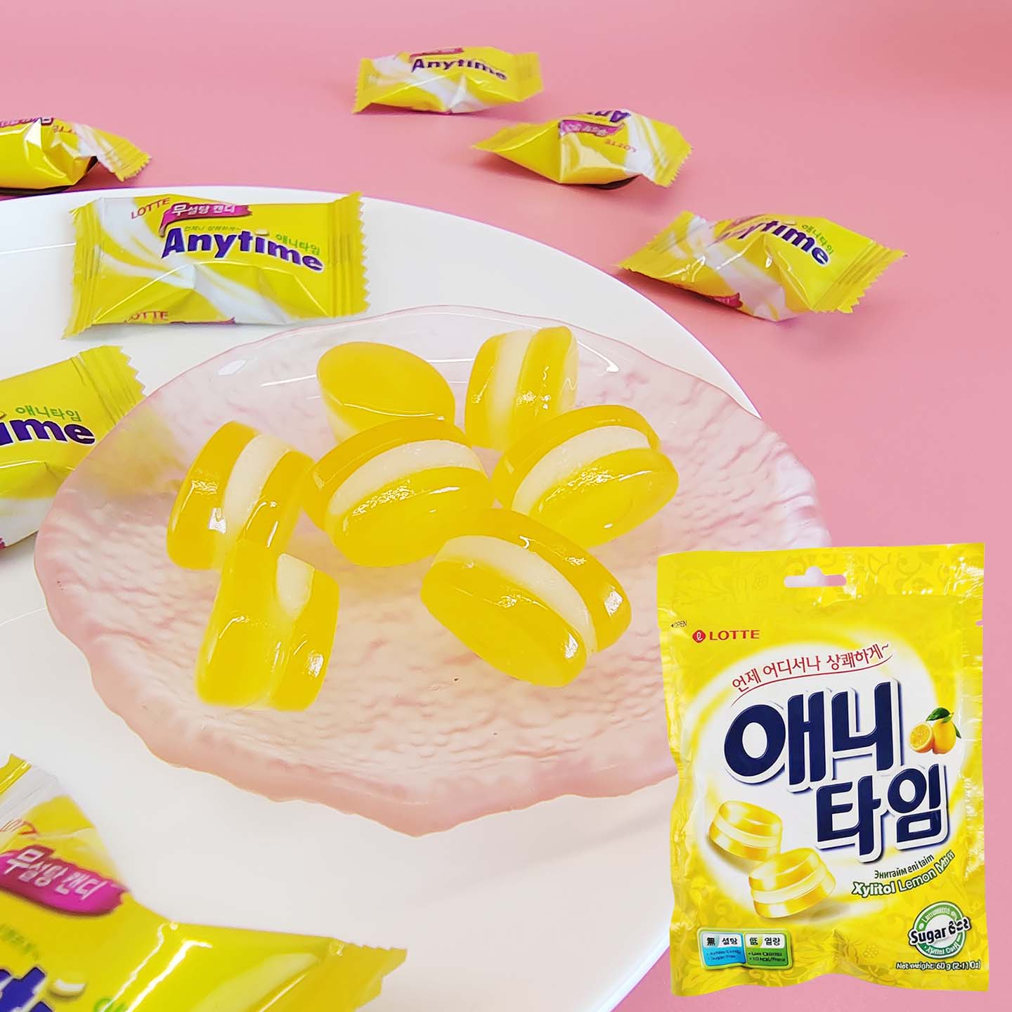 乐天ANYTIME柠檬味零糖薄荷糖 60g韩国进口儿童糖果办公室休闲零食