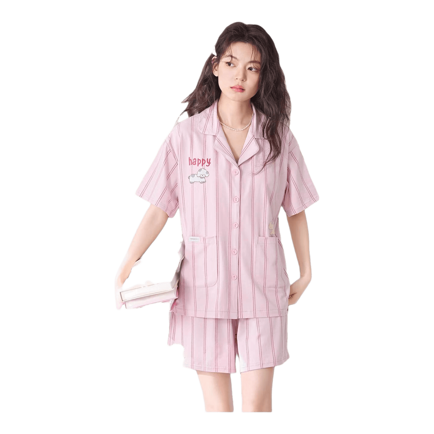 都市丽人短袖睡衣女士带胸垫纯棉家居服可外穿高端睡衣套装 红条纹樱桃小猫 L