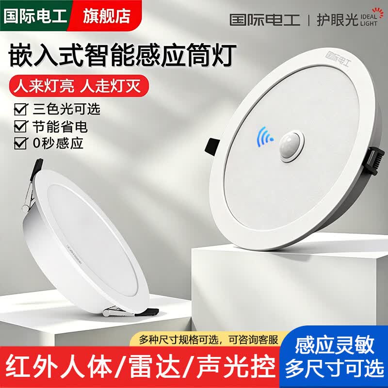国际电工LED筒灯嵌入式雷达人体感应家用走廊过道玄关吊顶灯智能声控灯 红外人体感应筒灯【2.5寸-5W】 暖白光(3000K)