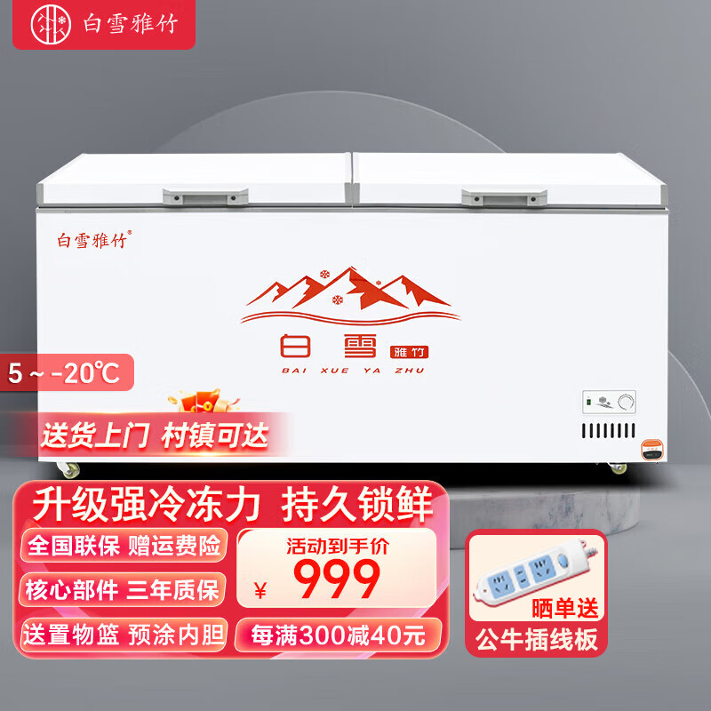 白雪雅竹冰柜商用大容量全冷冻大型冰柜家用冷藏冷冻两用卧式冷柜展示