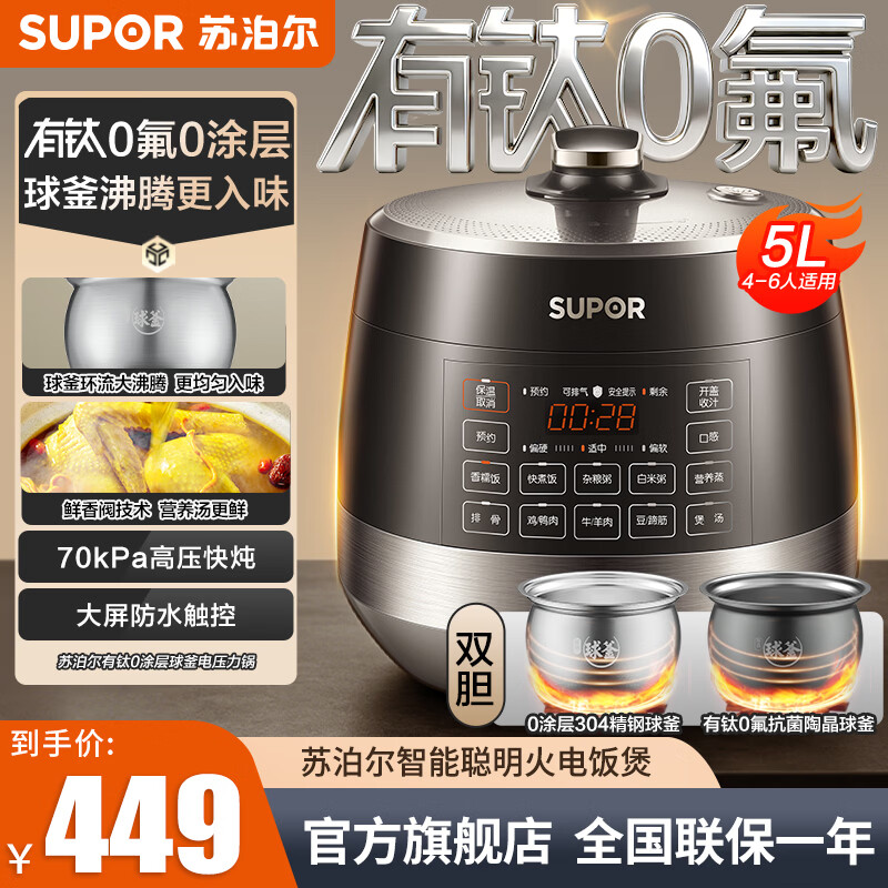 苏泊尔（SUPOR）【有钛球釜】电压力锅有钛双胆0涂层钢胆不锈钢胆电高压锅升家用高压锅大容量智能预约高压锅饭煲 【有钛内胆/304精钢】球釜|大屏触控 5L