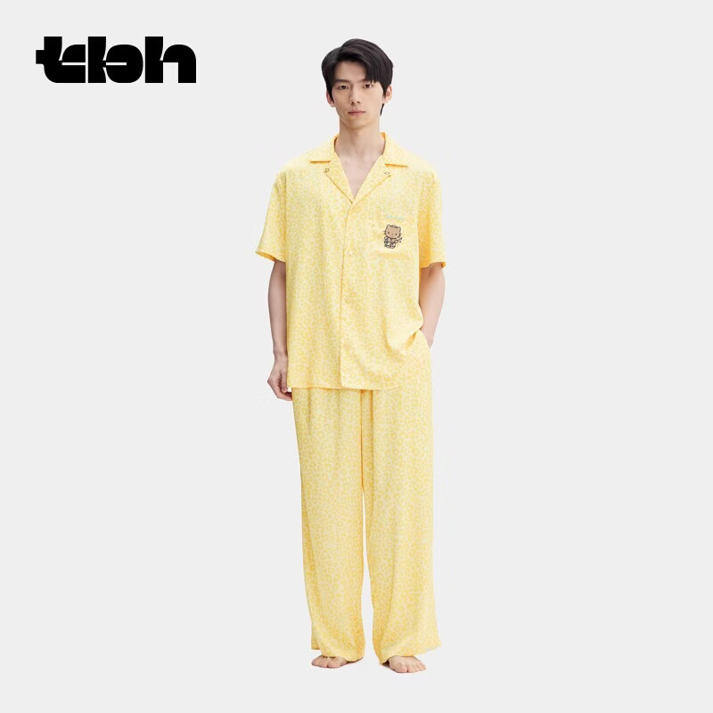 野兽派家居（tbh）Hello Kitty星光缎家居服套装可外穿睡衣女款夏季 Dear Daniel星光缎家居服 短袖长裤 黄色豹纹 L