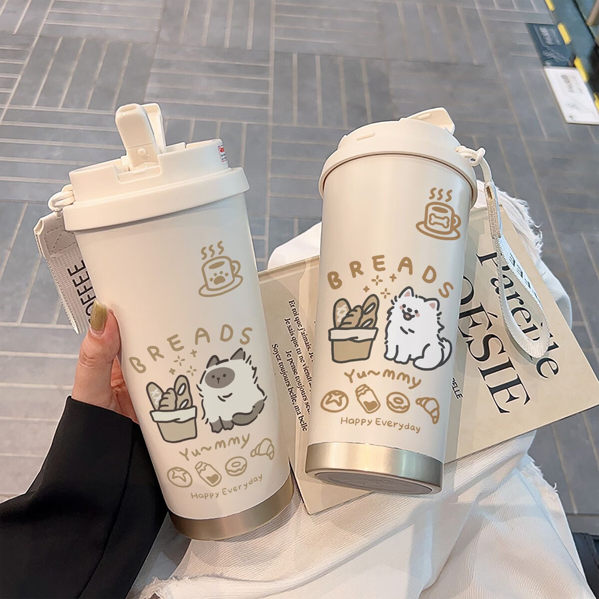 溥畔吹风小猫不锈钢咖啡杯高颜值吸管杯学生男女便携水杯大容量 白色+咖啡杯[无图案]+配挂绳