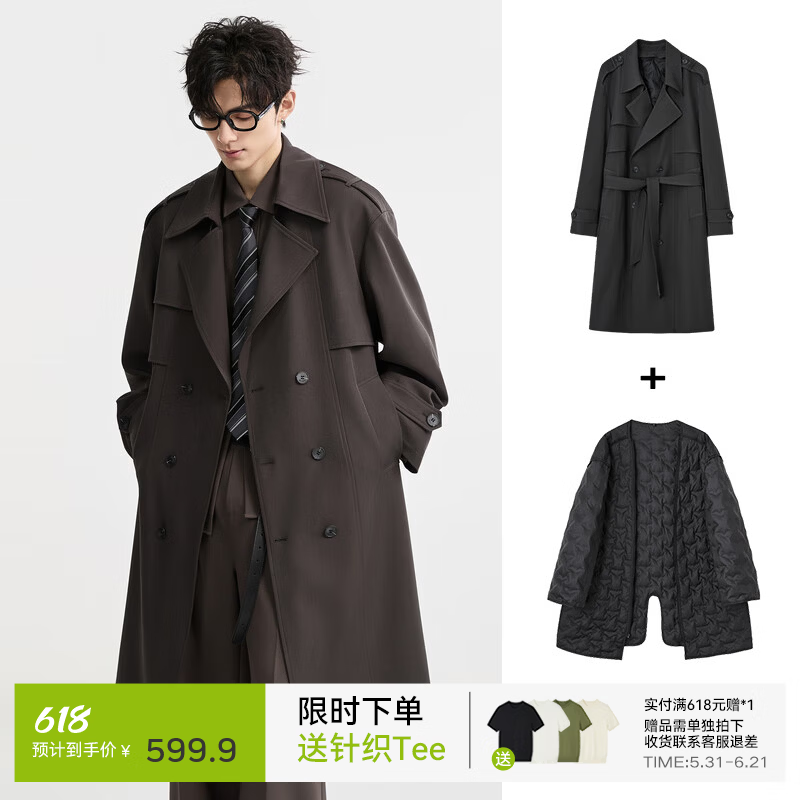 伯爵卓尔高级感通勤英伦风衣羽绒服男士中长款大衣外套男2025秋冬季新款 暴雨灰 【可拆卸-长袖羽绒内胆】 M (170)