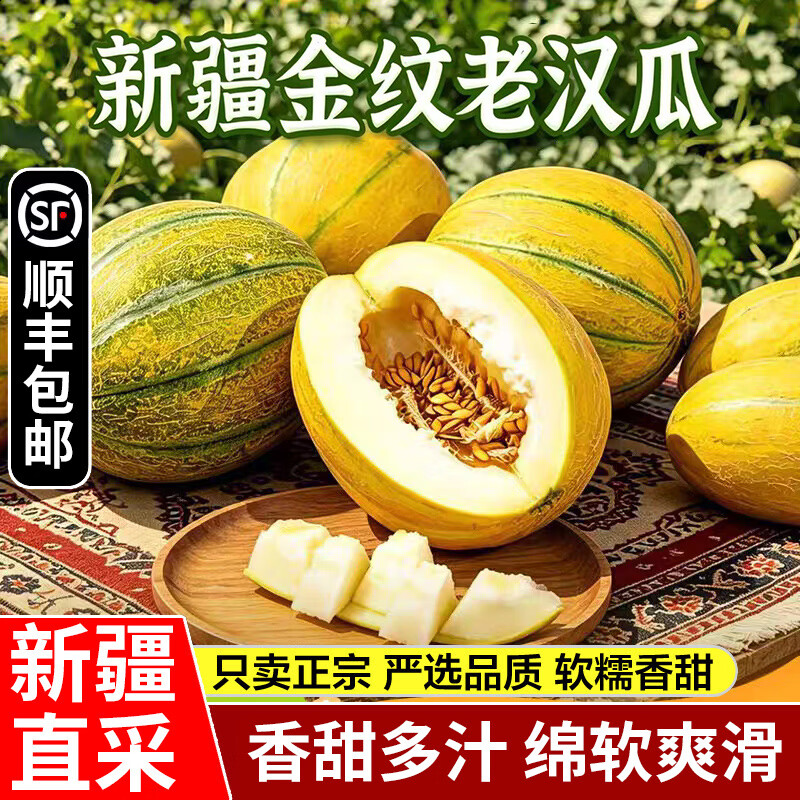 正宗新疆吐鲁番金纹老汉瓜新鲜水果现摘哈密瓜 4-5斤【净重】一个瓜