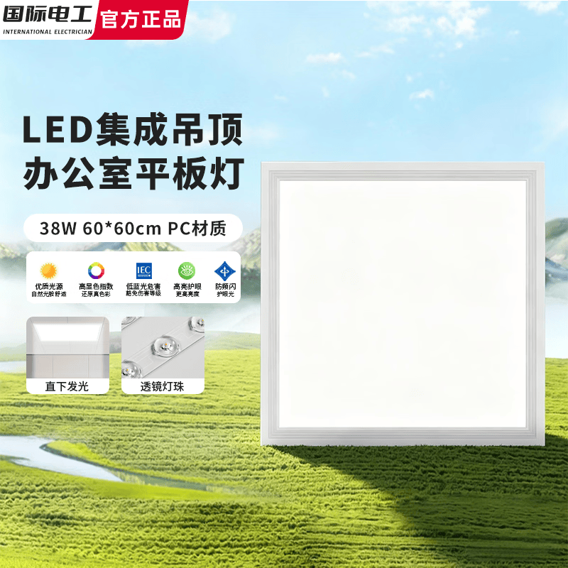 国际电工LED集成吊顶灯600x600办公室厨卫平板灯石膏板嵌入式白光面板灯 （38W 60*60cm）经济款-办公室平板灯