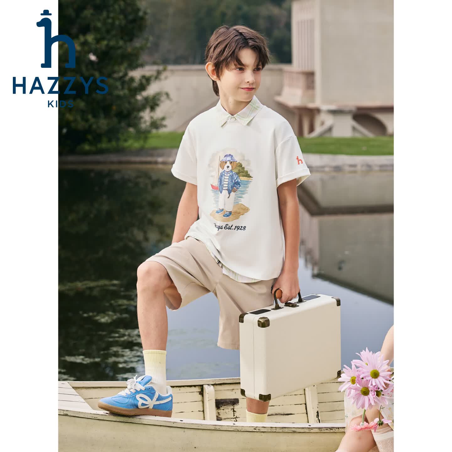 哈吉斯(HAZZYS)童装男童短袖2026夏新液氨双面布学院风圆领短袖T恤 本白 165