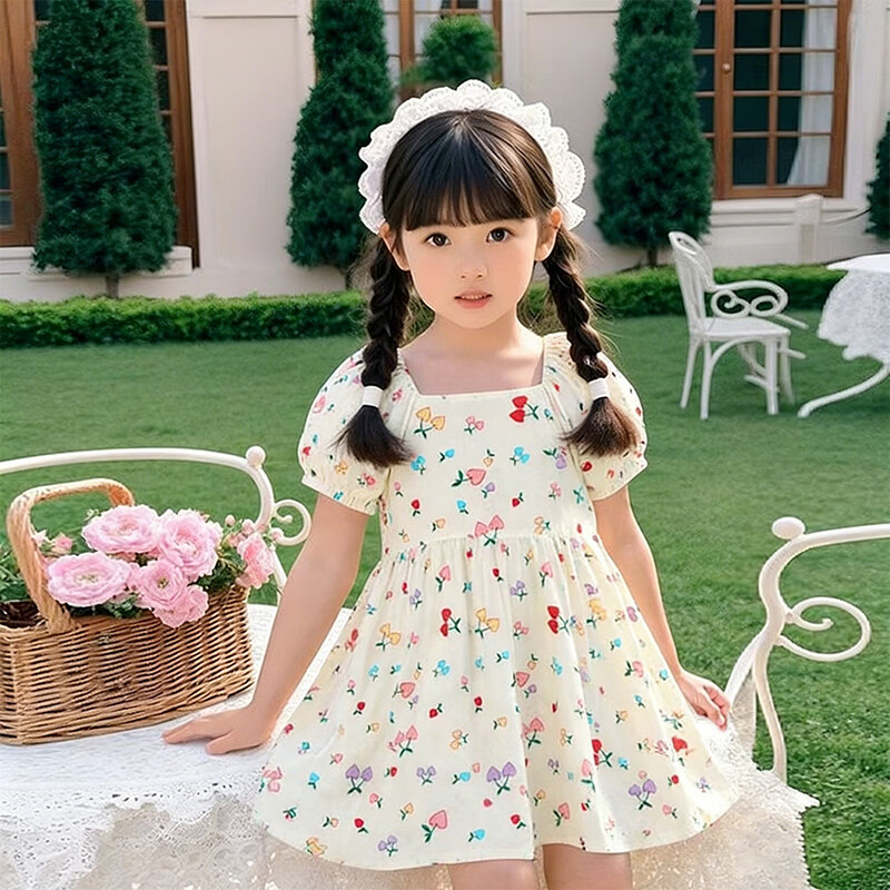 木幼事童装女童连衣裙2026新款洋气六一儿童节夏装短袖碎花公主裙 沐阳草莓 【建议拍大一码】 150 【身高130~140cm】
