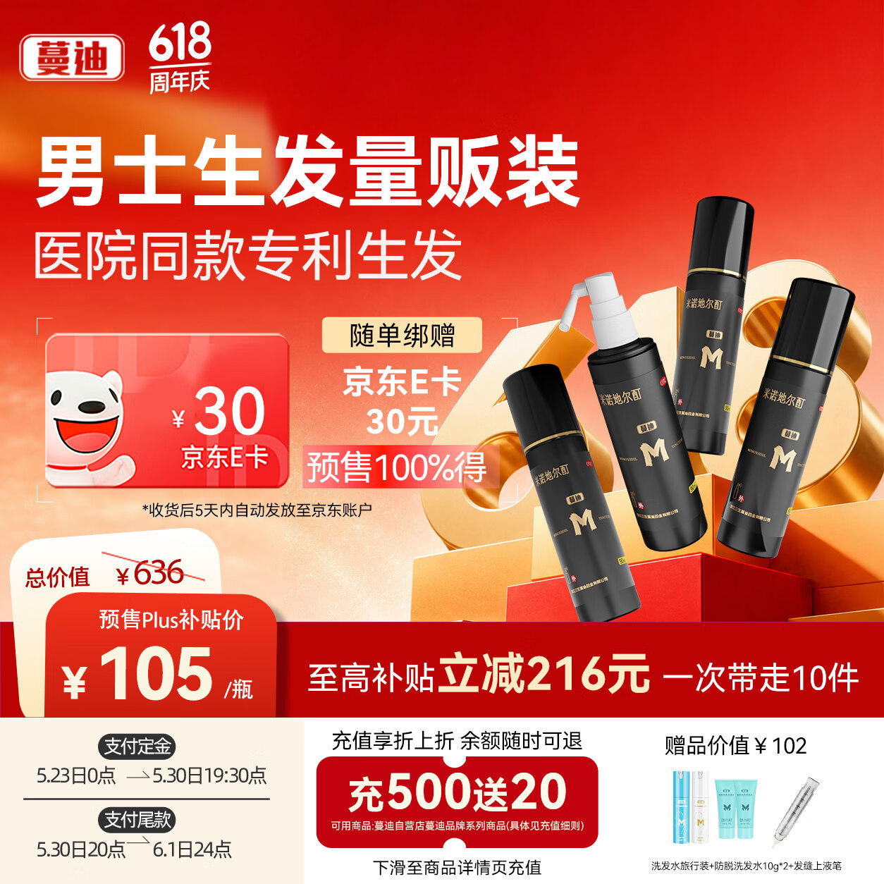 蔓迪生发喷雾90ml*4瓶【超值量贩装】5%米诺地尔酊男士专用治脱发育发斑秃原液搽剂曼迪京东自营米洛