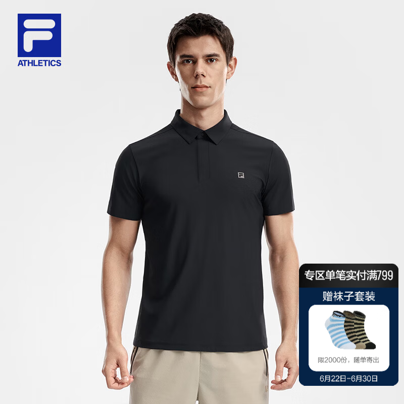 FILA 斐乐官方男子针织短袖POLO衫2026夏季新款健身运动防晒上衣 深黑-BK XL 180/100A/XL