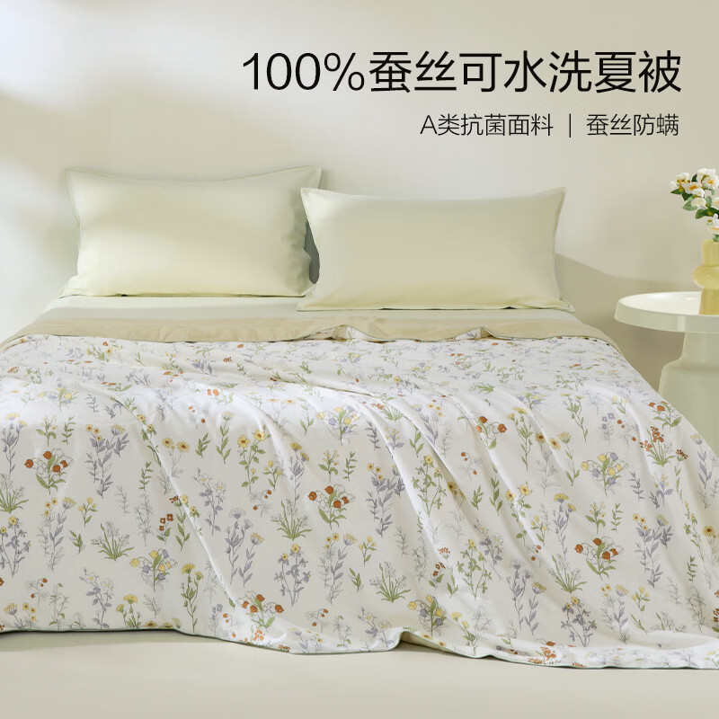 太湖雪蚕丝夏凉被可机洗100%蚕丝填充全棉A类抗菌空调被子薄款清凉透气 浅夏风铃 200cm*230cm