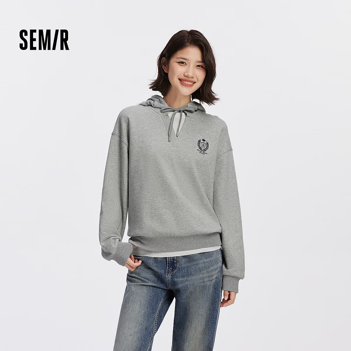 森马（Semir）卫衣女秋连帽oversize刺绣拼接假两件落肩慵懒学院风时尚上衣 中花灰00520（特宽松款介意可拍小一码） S