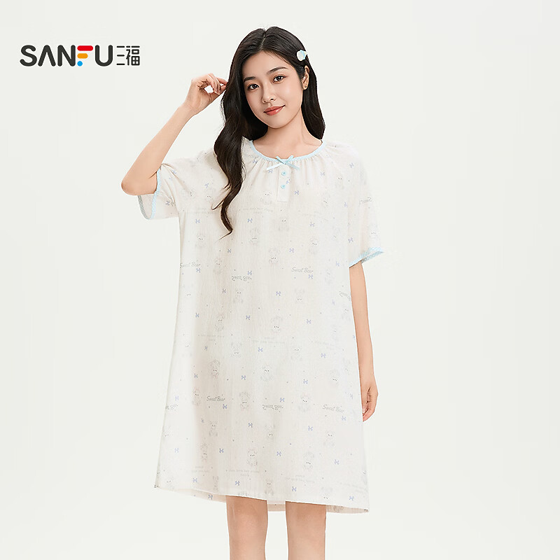 三福(SANFU)蝴蝶结短袖格子睡衣女夏季圆领睡裙宽松柔软连衣裙居家服517960 白色小熊 M