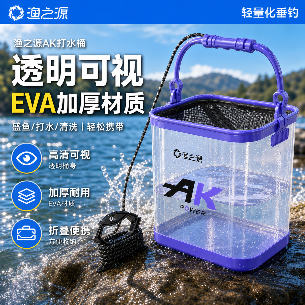渔之源折叠打水桶路亚活鱼桶溪流马口活鱼箱野钓专用鱼护桶钓鱼桶 新品丁香紫13L-24cm【加厚底-双拉链】(送打水绳)