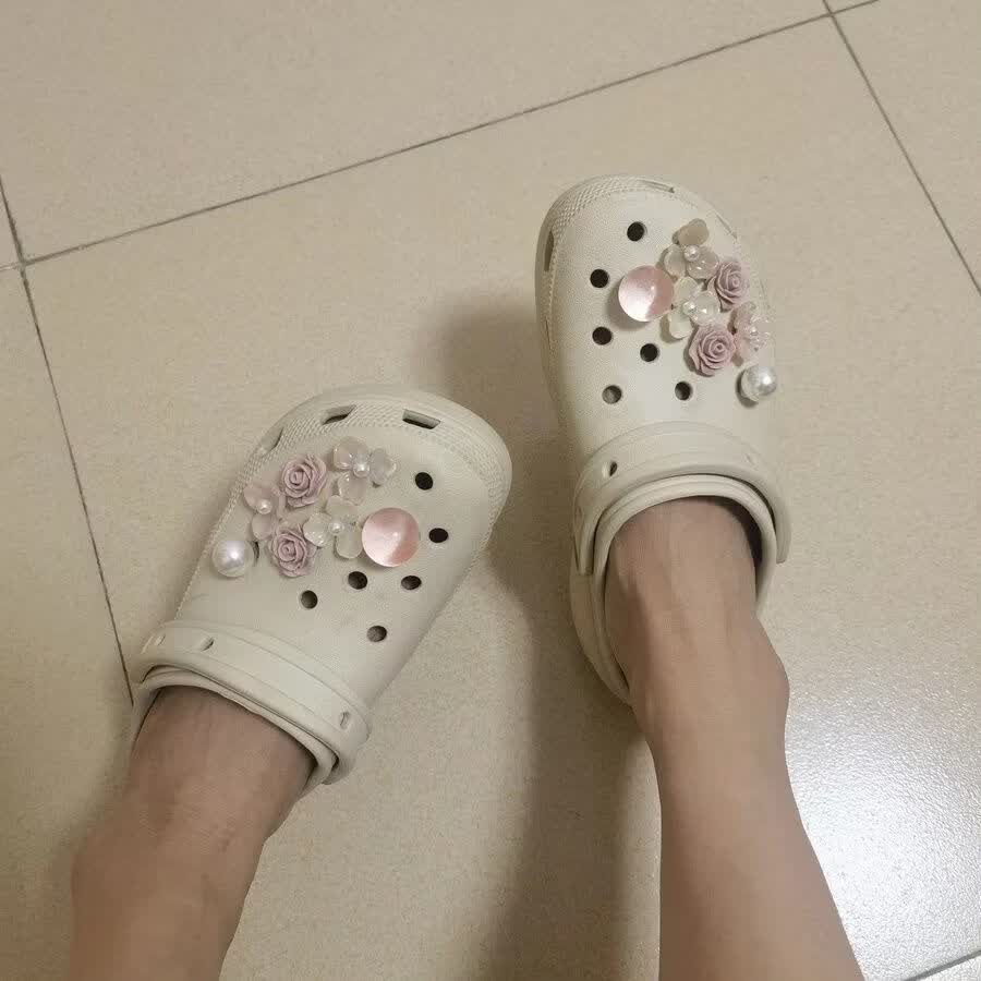 EOENKKY新款鞋花“午后蔷薇”洞洞鞋高级配饰适配crocsDIY粉色小众鞋扣 午后蔷薇/14件套(不含鞋子)