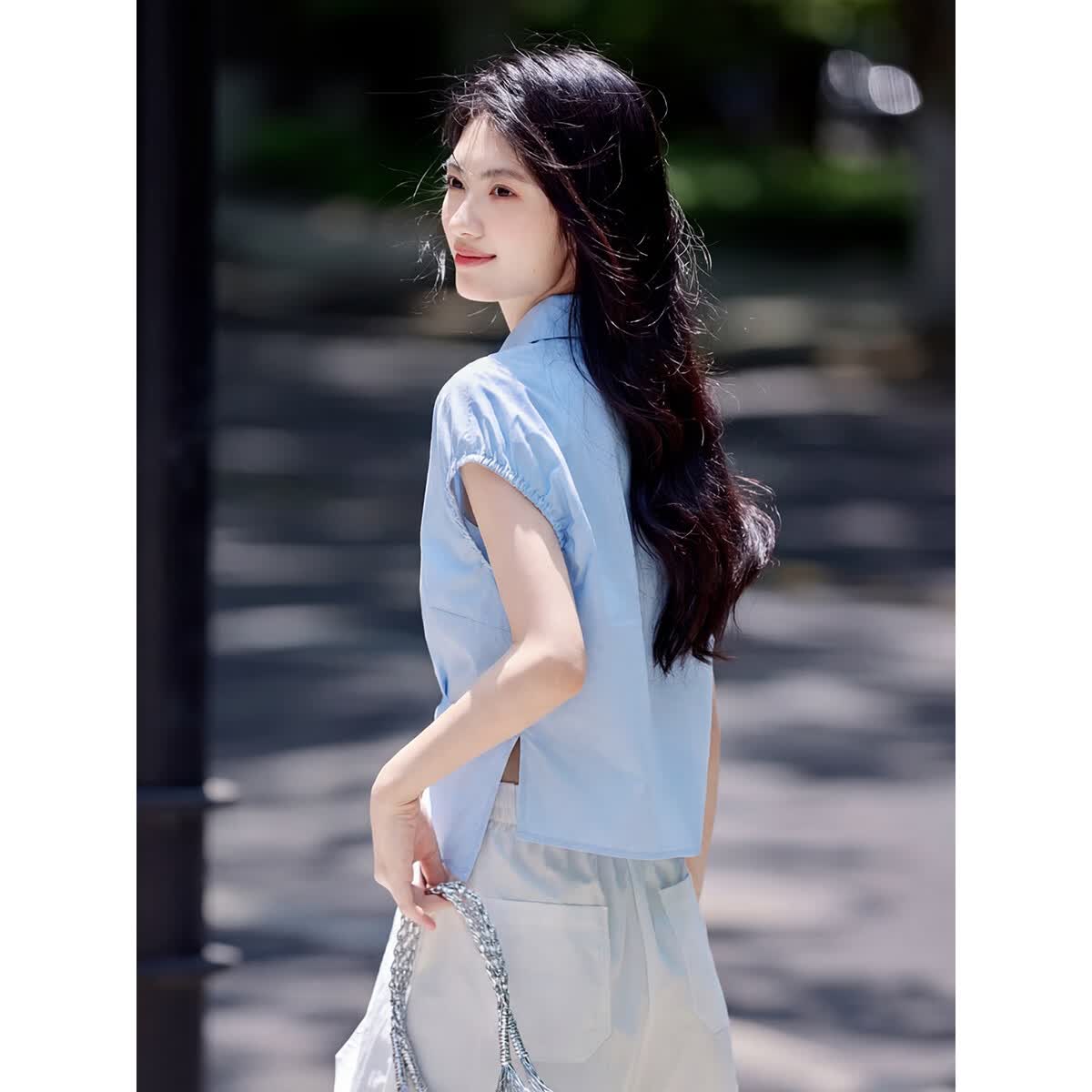 尚静2026夏季新款衬衫女灯笼袖收腰捏褶衬衣polo领减龄气质小衫上衣女 晴空蓝 M