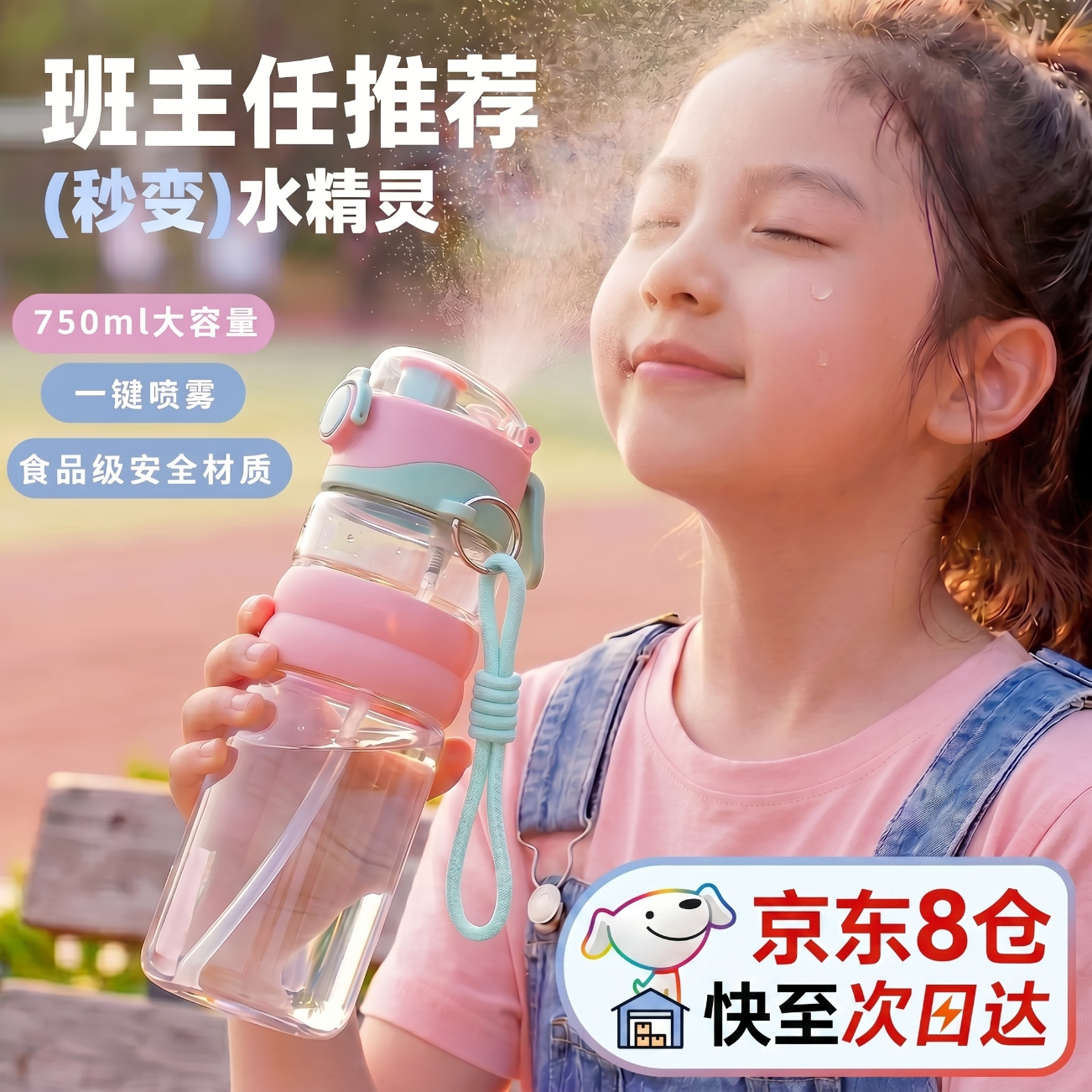 柏邦儿童喷雾水杯6-12岁学生上学专用杯子女生女孩女士高颜值2026新款 750ML甜梅粉【3D卡通贴纸+杯刷】纳米级喷雾 运动喷水水杯儿童小学生水杯夏季大容量食品级喷雾水壶