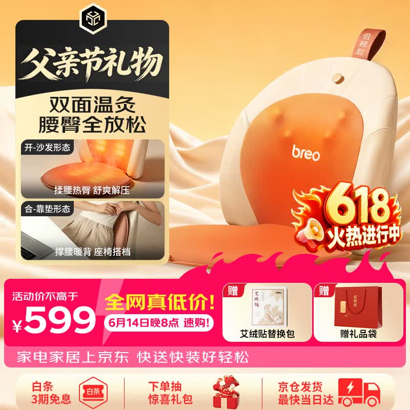 倍轻松（breo）腰部按摩器Back2pro按摩靠垫坐垫一体 腰背臀部艾坐灸热敷按摩器揉捏 送妈妈男女友生日父亲节礼物