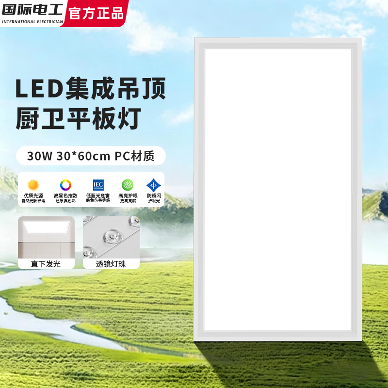 国际电工LED集成吊顶灯300x600办公室厨卫平板灯白光扣板灯300x300面板灯 （30W 30*60cm）PC 厨卫平板灯