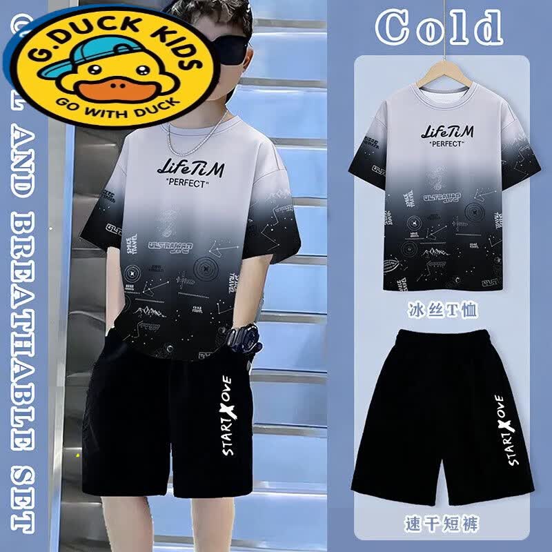 G.duck男童短袖套装夏季儿童男孩冰丝恤上衣半袖中大童夏装薄款两件套 wK-03【冰感透气】T  #T恤 170 (建议身高165cm左右)