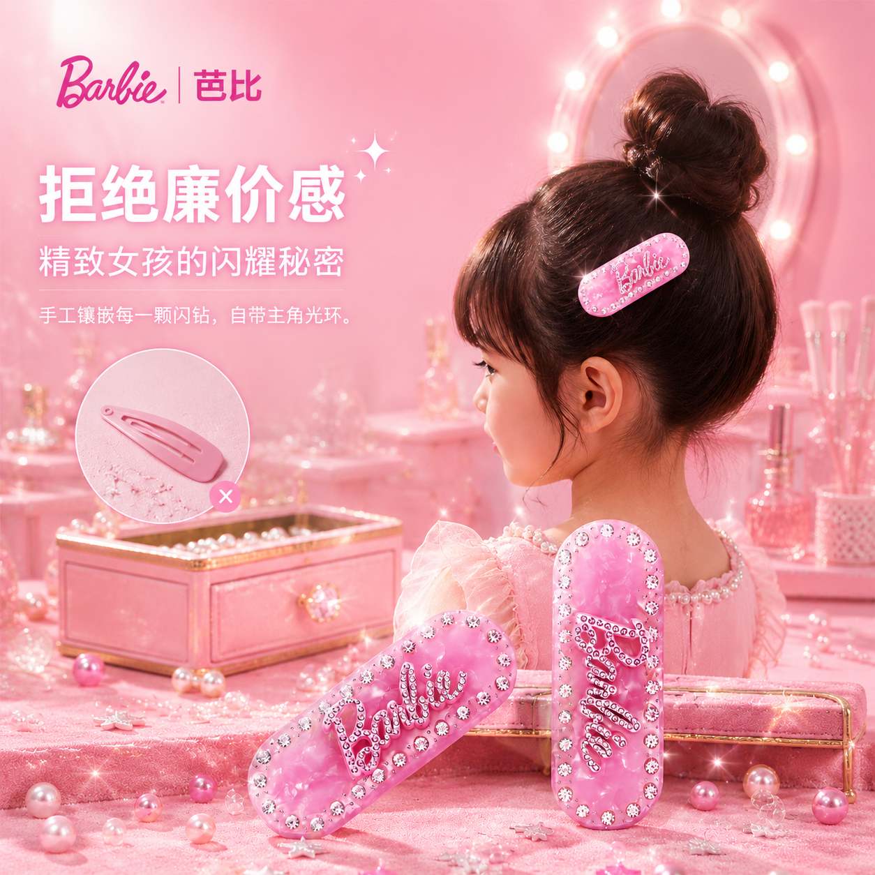 芭比(Barbie)BARBIE芭比官方正品发夹发饰女高级新款发夹侧边夹子头饰儿童发饰 Barbie芭比甜心【闪耀粉】发夹一个装