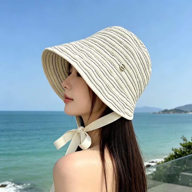 轻奢品质夏季新款防晒遮阳帽条纹渔夫帽户外显脸小太阳帽时尚百搭 奶油米【条纹系带款】