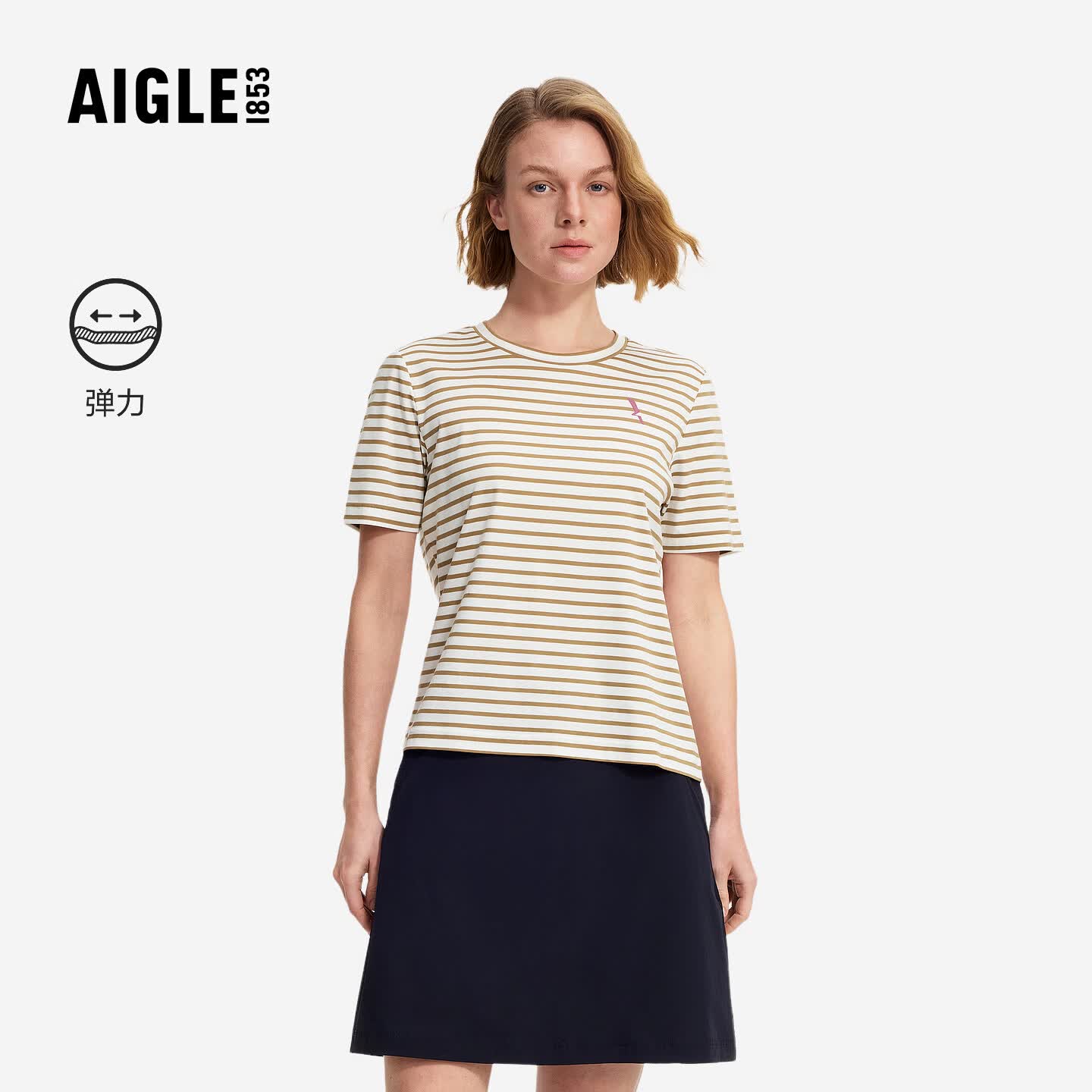 AIGLE艾高T恤经典款上衣PIMA纯棉户外条纹圆领短袖女 果仁褐色 BJ014 40 (170/92A)