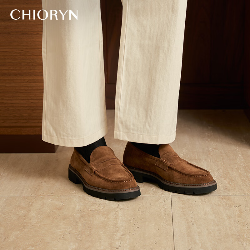 CHIORYN【轻量化增高5.5牛绒】青润乐福鞋男复古老钱风一脚蹬皮鞋 轻量化厚底乐福鞋 38