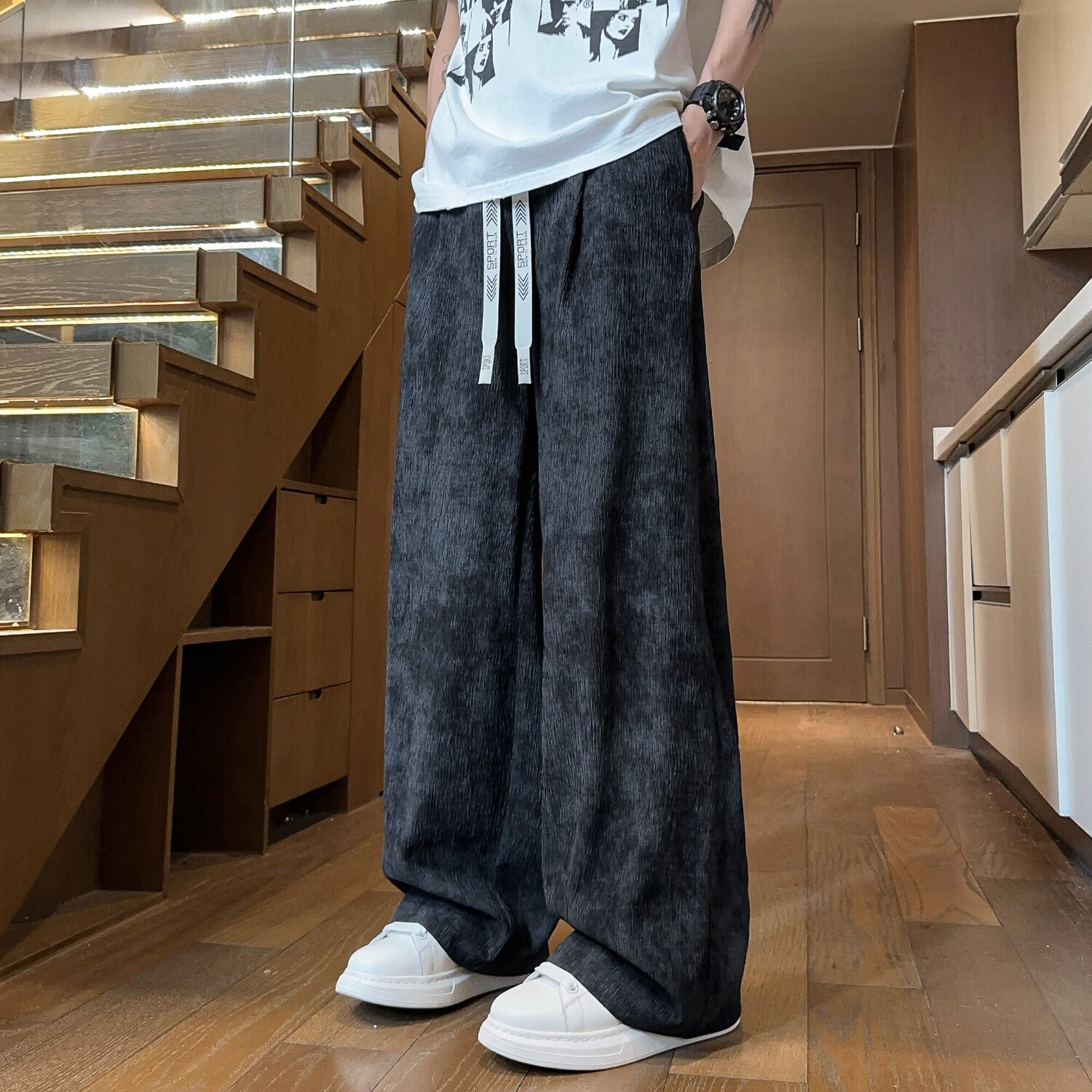啄木鸟休闲裤男2026夏季新款美式高街阔腿裤男青少年扎染速干冰丝裤子男 杏色 XL 建议130-150斤 