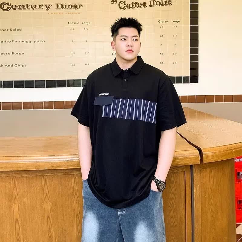 潮牌大码男装夏季高级感拼接刺绣百搭胖子宽松加肥加大短袖POLO衫 黑色 2XL