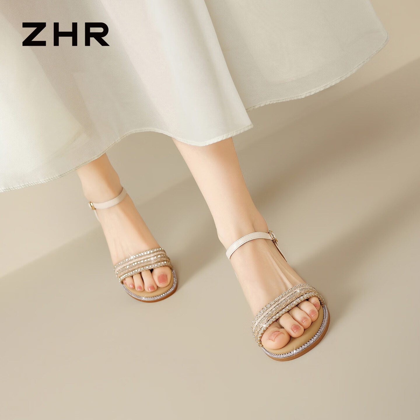 ZHR则则夏季凉拖鞋女法式编织坡跟凉鞋女气质水钻外穿女鞋EH367米色40