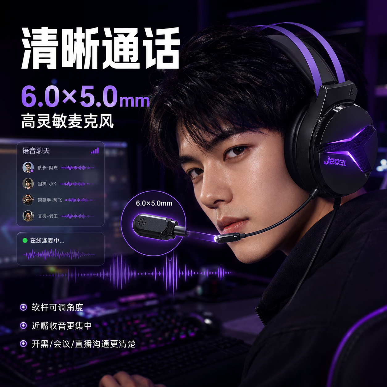 JEDEL YOUR IT HOME四模游戏耳机头戴式无线FPS专7.1声场三角洲听声辨位可视化接收器黑紫色有线蓝牙2.4G电脑笔记本 GH626P-蓝牙2.4G有线TypeC-四模