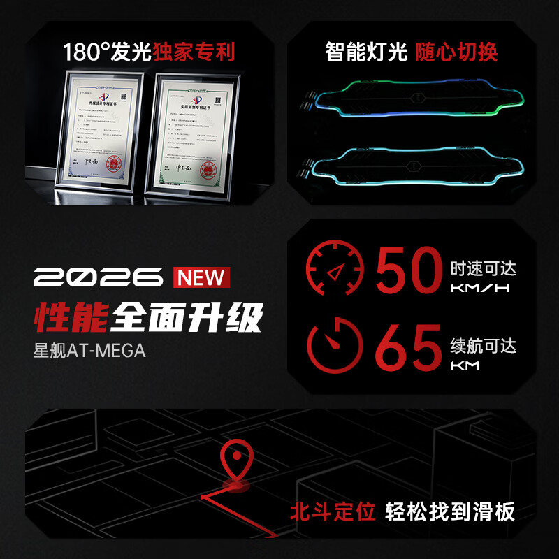 BIBUFF电动滑板星舰ATmega°发光炫彩越野代步大马力滑板车代步速降滑板 星舰ATmega蜂窝轮(黑色砂纸)