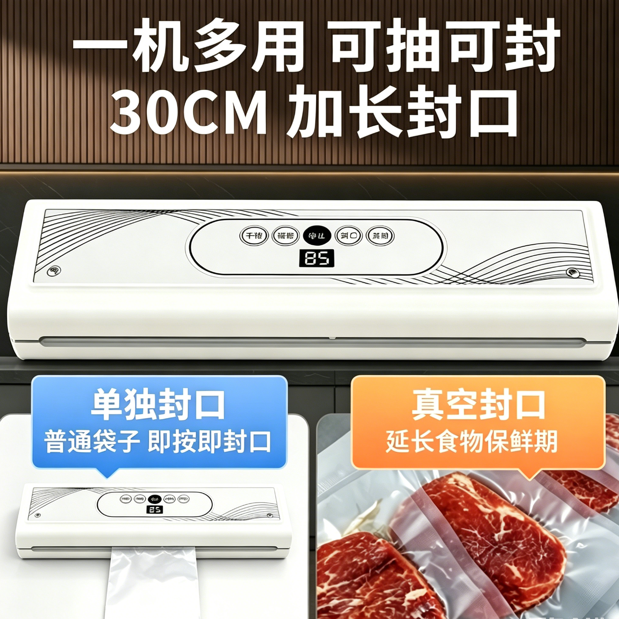 澳鲜宝家用小型真空封口机一键全自动干湿两用真空保鲜塑封机 2028A+32cm超大封口+干湿通用