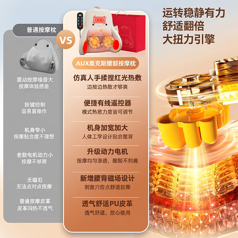 奥克斯（AUX）腰部按摩器按摩仪颈腰椎靠垫恒温热敷腰肌劳损背部支撑多功能办公家用磁石养呵护生日高档端礼物品 【Plus加厚顶配款】环抱护腰多部位+艾草振动热敷 教师节礼物送爸爸男女老师七夕情人节实用