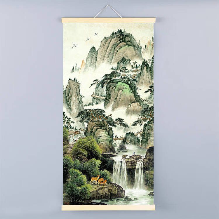 高山流水生财山水风景装饰挂画客厅玄关走廊壁画国画图发财鹿 丝绢布